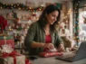 Emprendedora empacando regalos de Navidad en su tienda