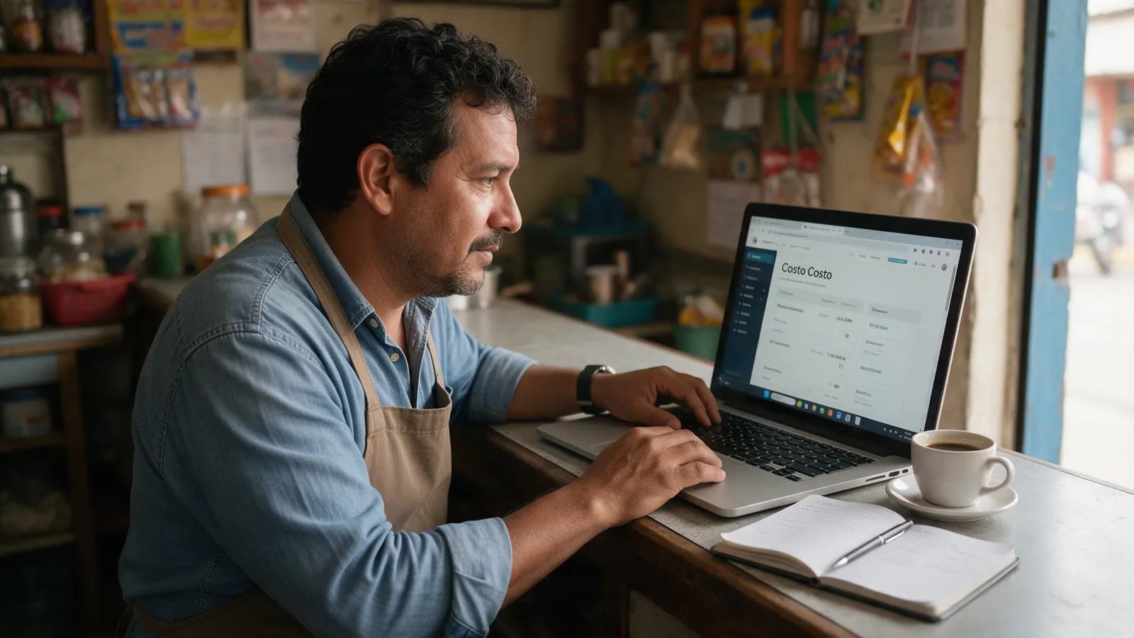 Dueño de un negocio revisando el costo de una página web en su portátil