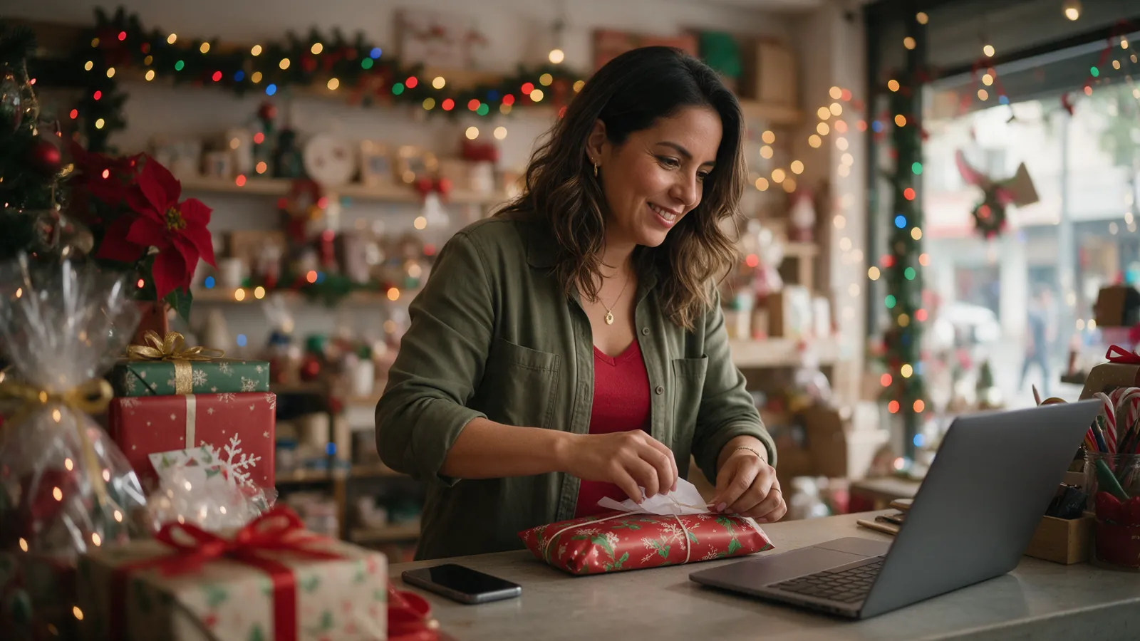 Emprendedora empacando regalos de Navidad en su tienda